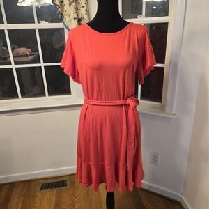 Ann Taylor Loft Dress Womens 6 Red Jersey Knit Midi Tiered‎ A Line Ruffle Sleeve